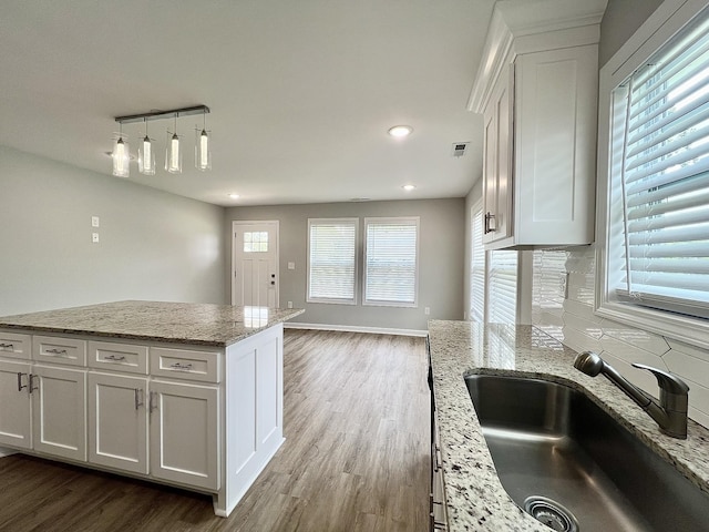 402 Pine St, Pulaski, TN 38478 - kitchen with a sink, dark wood-style floors, white cabinets, tasteful backsplash, and recessed lighting