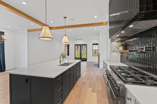6362B Columbia Ave, Nashville, TN 37209 - kitchen featuring light wood finished floors, a sink, wall chimney exhaust hood, high end stainless steel range, and dark cabinetry
