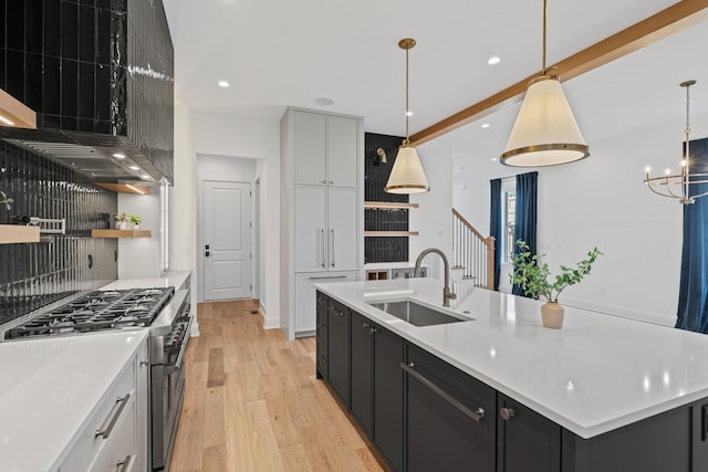 6362B Columbia Ave, Nashville, TN 37209 - kitchen with open shelves, high end stove, dark cabinets, and a sink