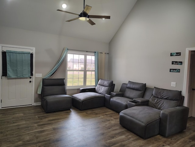 living room with high vaulted ceiling, dark wood-type flooring, and a ceiling fan