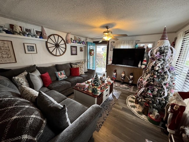 living area with a textured ceiling, ceiling fan, and wood finished floors