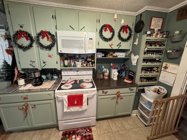 kitchen featuring green cabinets, a textured ceiling, white appliances, ornamental molding, and open shelves