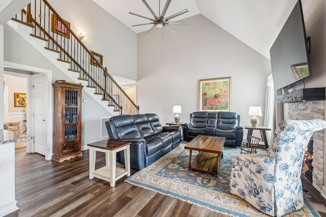 120 Sideview Rd, Gallatin, TN 37066 - living area featuring high vaulted ceiling, visible vents, ceiling fan, stairway, and dark wood finished floors