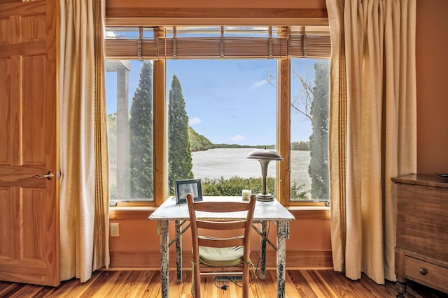 dining area featuring a water view, a wealth of natural light, and wood finished floors