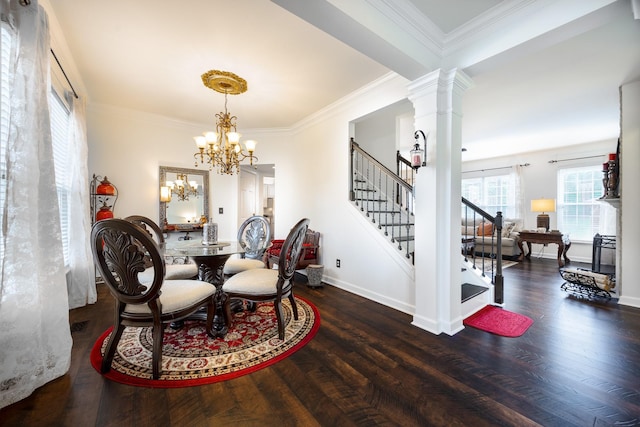 dining area with stairway, ornamental molding, wood finished floors, and a chandelier