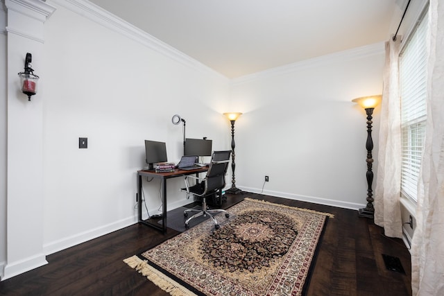 office area with baseboards, ornamental molding, and wood finished floors