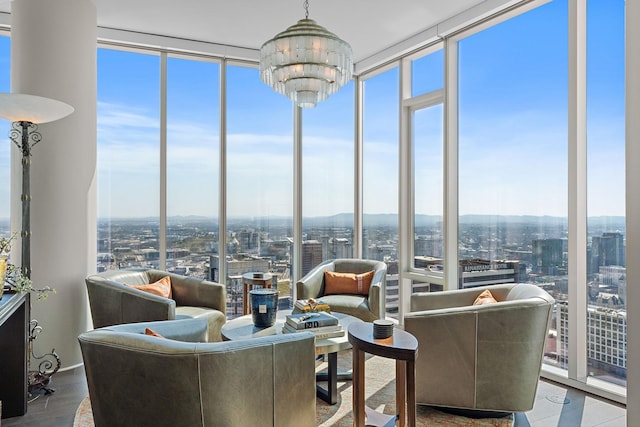 515 Church St Unit 3908, Nashville, TN 37219 - living room featuring a wall of windows and a chandelier