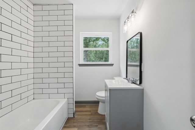 bathroom featuring wood finished floors, toilet, and vanity