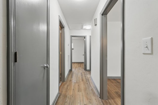 hall featuring light wood-style flooring and baseboards