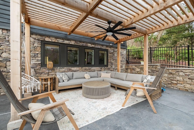 1122 Oman Dr, Brentwood, TN 37027 - view of patio / terrace with an outdoor hangout area, a ceiling fan, a pergola, and fence