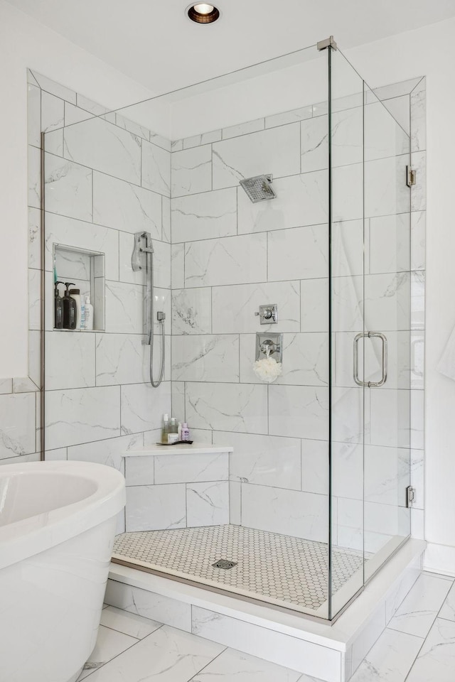 1547 Battlefield Dr, Nashville, TN 37215 - bathroom featuring marble finish floor, a stall shower, and a soaking tub