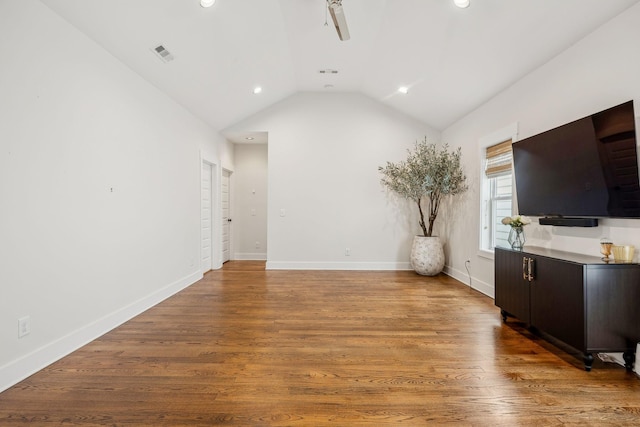 1547 Battlefield Dr, Nashville, TN 37215 - unfurnished living room with visible vents, baseboards, wood finished floors, recessed lighting, and lofted ceiling