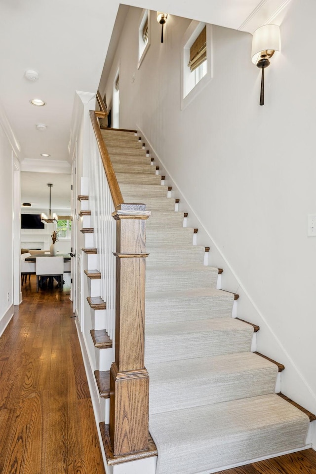 1547 Battlefield Dr, Nashville, TN 37215 - stairs with baseboards, recessed lighting, wood finished floors, and ornamental molding