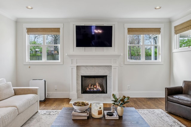 1547 Battlefield Dr, Nashville, TN 37215 - living area featuring crown molding, wood finished floors, a high end fireplace, baseboards, and recessed lighting