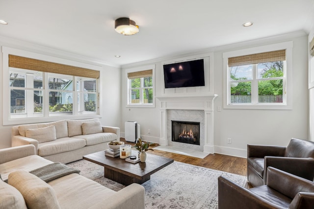 1547 Battlefield Dr, Nashville, TN 37215 - living area with crown molding, a premium fireplace, recessed lighting, baseboards, and wood finished floors