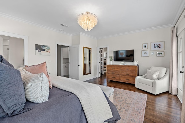 920A Kirkwood Ave, Nashville, TN 37204 - bedroom with dark wood-style flooring, ornamental molding, visible vents, and a chandelier