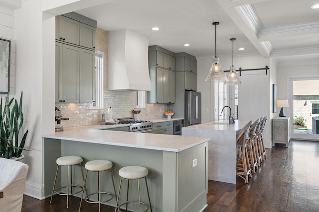 920A Kirkwood Ave, Nashville, TN 37204 - kitchen with high end appliances, gray cabinets, a sink, custom exhaust hood, and dark wood-style flooring