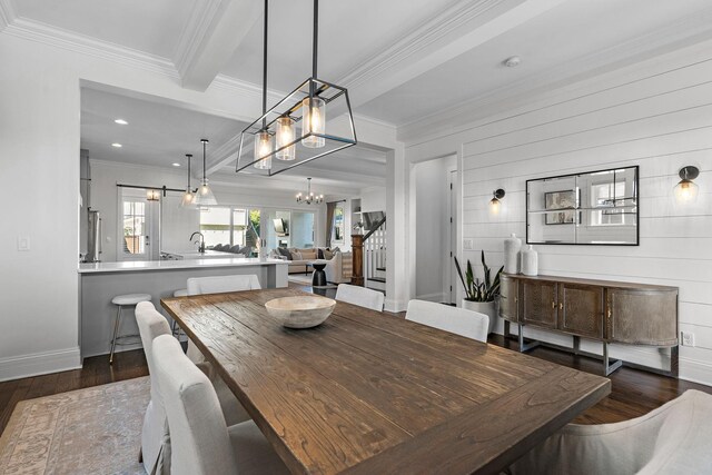 920A Kirkwood Ave, Nashville, TN 37204 - dining room featuring ornamental molding, stairway, a chandelier, and dark wood finished floors