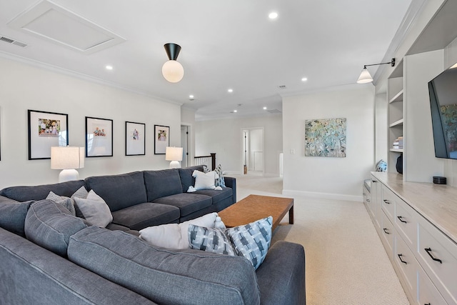 920A Kirkwood Ave, Nashville, TN 37204 - living room featuring ornamental molding, visible vents, recessed lighting, and light colored carpet