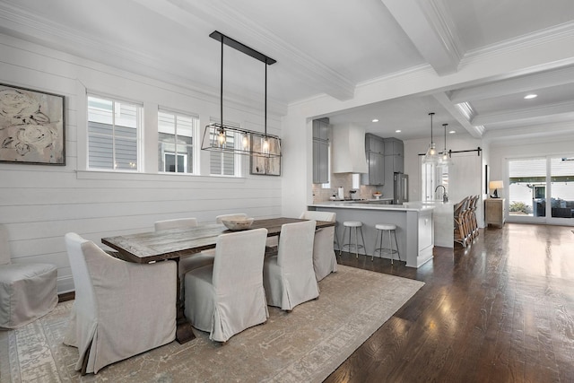 920A Kirkwood Ave, Nashville, TN 37204 - dining area featuring dark wood-style flooring, recessed lighting, beam ceiling, and crown molding