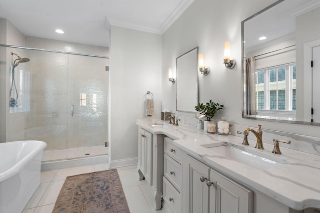 920A Kirkwood Ave, Nashville, TN 37204 - full bathroom with tile patterned flooring, a sink, a stall shower, and crown molding