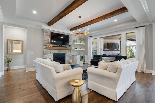 living room featuring baseboards, a fireplace, dark wood finished floors, beamed ceiling, and a chandelier