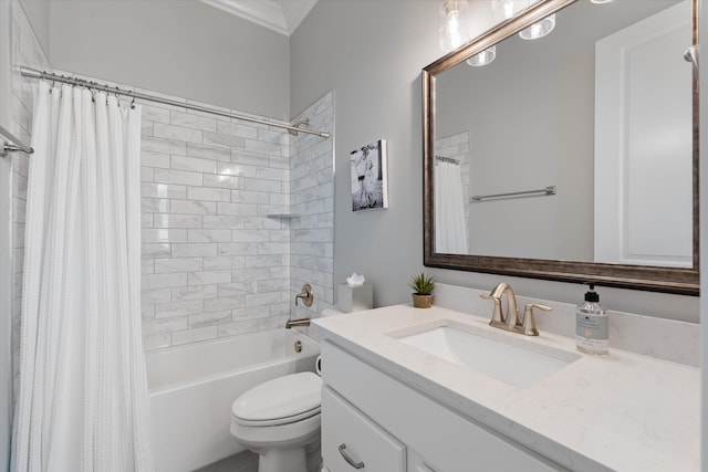 bathroom featuring toilet, vanity, shower / bath combo with shower curtain, and crown molding