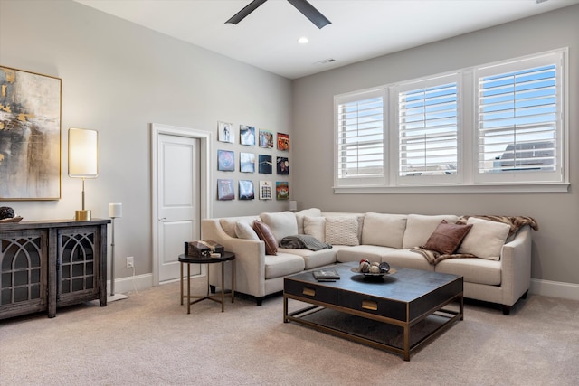 living room featuring ceiling fan, carpet flooring, baseboards, and recessed lighting
