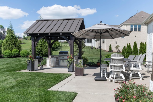 surrounding community featuring an outdoor kitchen, a gazebo, a patio, and a yard