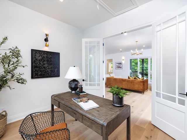 3848 Granny White Pike, Nashville, TN 37204 - office area with light wood-style flooring, a chandelier, baseboards, and french doors