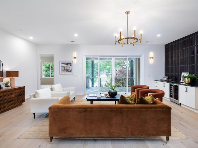 3848 Granny White Pike, Nashville, TN 37204 - living room featuring a chandelier, healthy amount of natural light, wine cooler, light wood-type flooring, and recessed lighting