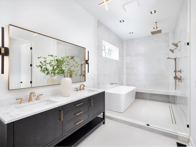 3848 Granny White Pike, Nashville, TN 37204 - bathroom featuring a walk in shower, a soaking tub, and double vanity