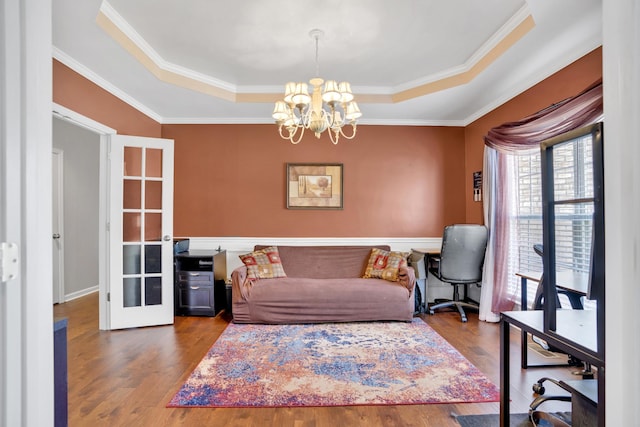 133 Grove Ln S, Hendersonville, TN 37075 - home office with crown molding, a tray ceiling, wood finished floors, french doors, and a notable chandelier