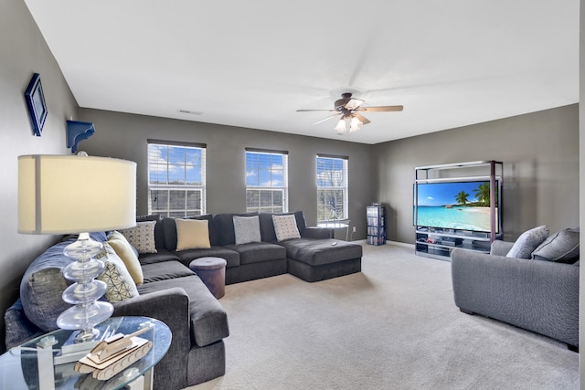 133 Grove Ln S, Hendersonville, TN 37075 - living room with visible vents, carpet flooring, a ceiling fan, and plenty of natural light