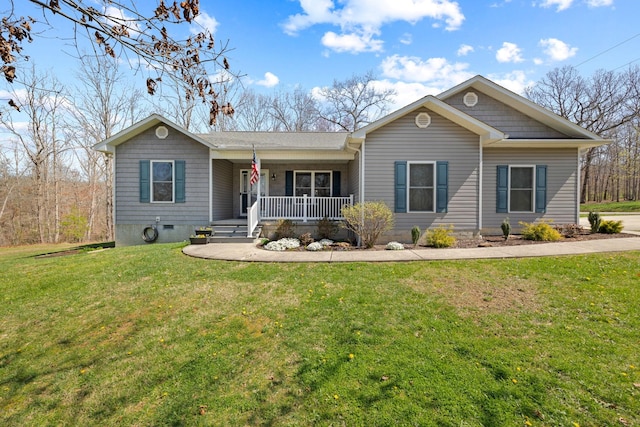 single story home with crawl space, covered porch, and a front yard