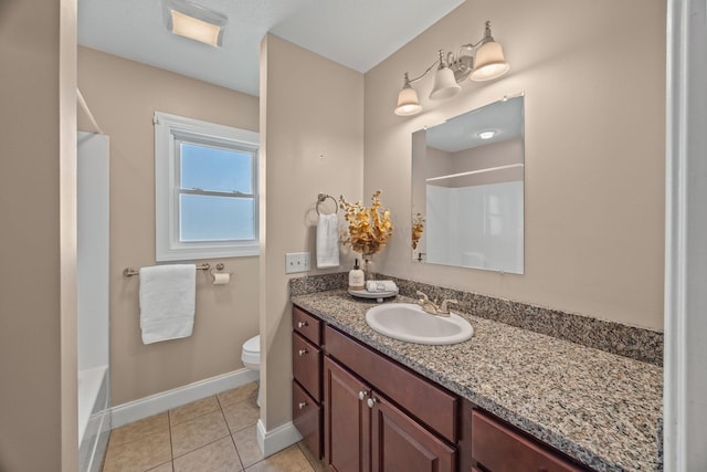 bathroom with toilet, tile patterned floors, vanity, and baseboards