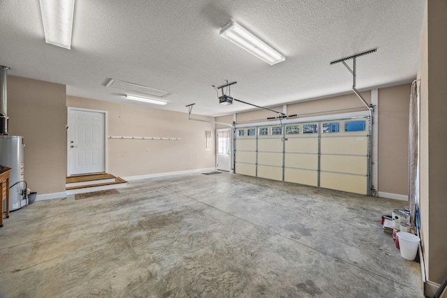 garage with water heater, baseboards, and a garage door opener