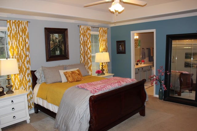 6309 Paddington Way, Antioch, TN 37013 - bedroom with ensuite bathroom, light colored carpet, ceiling fan, and ornamental molding
