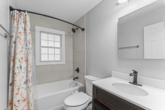 full bath featuring shower / tub combo, toilet, and vanity
