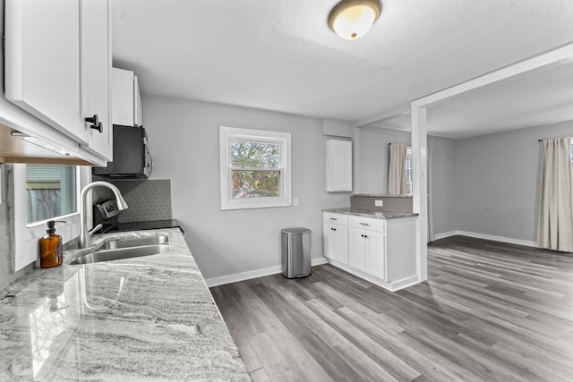 kitchen featuring decorative backsplash, light stone countertops, wood finished floors, white cabinetry, and a sink