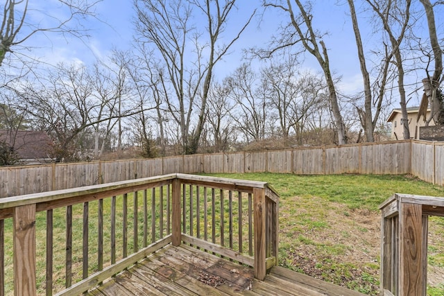 wooden terrace featuring a fenced backyard and a lawn