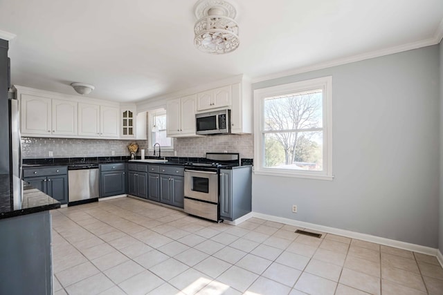 6004 Hawkdale Dr, Nashville, TN 37211 - kitchen with decorative backsplash, white cabinetry, a sink, and appliances with stainless steel finishes