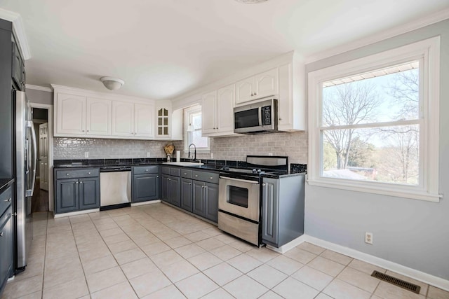 6004 Hawkdale Dr, Nashville, TN 37211 - kitchen with decorative backsplash, visible vents, stainless steel appliances, a sink, and gray cabinets