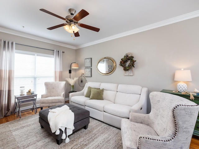 living room with crown molding, wood finished floors, and ceiling fan