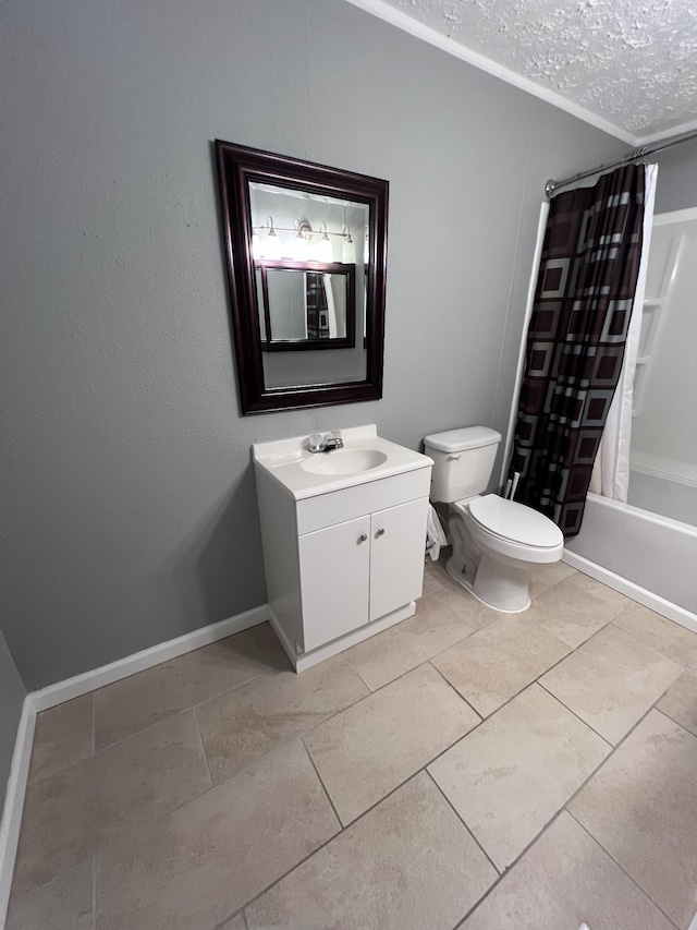 full bath with tile patterned floors, toilet, vanity, shower / tub combo, and a textured ceiling