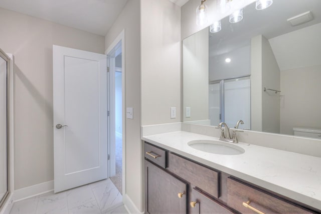 5560 Sinclair Ct, Murfreesboro, TN 37127 - full bath with baseboards, vanity, marble finish flooring, toilet, and a stall shower