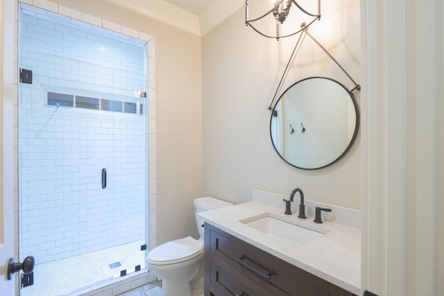 full bath with toilet, a stall shower, an inviting chandelier, and vanity