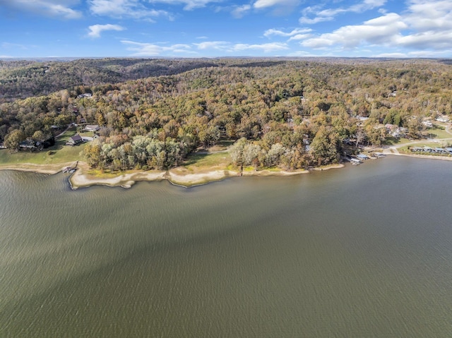 aerial view with a forest view and a water view
