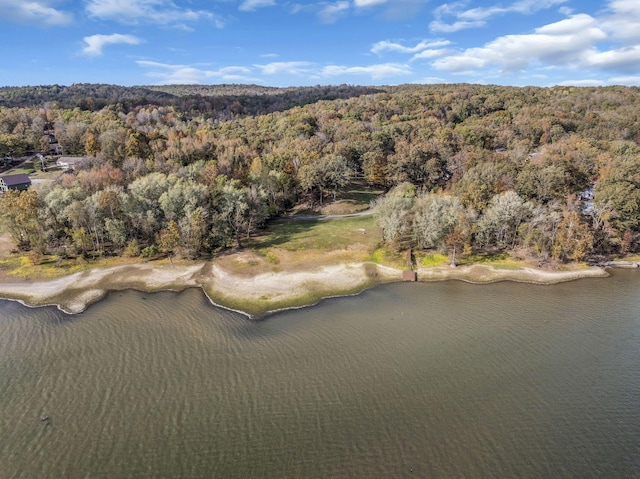 aerial view featuring a water view and a wooded view