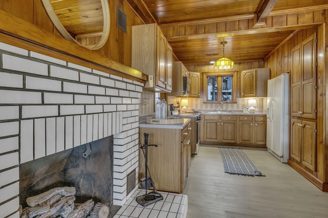 kitchen with light countertops, wooden ceiling, electric range, a sink, and white fridge with ice dispenser